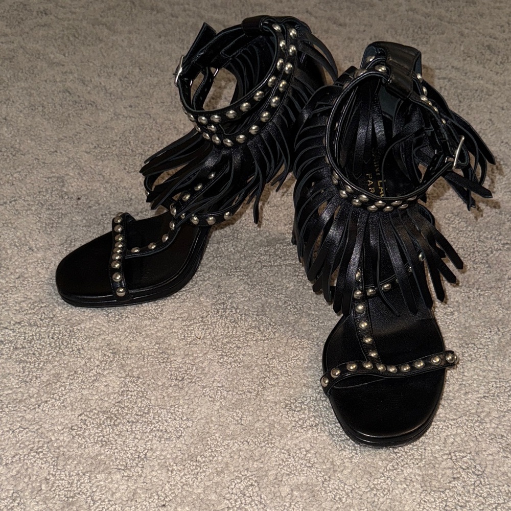 Saint Laurent blk Leather Fringe silver Studded Women's Sandals size 36 - Picture 2 of 5